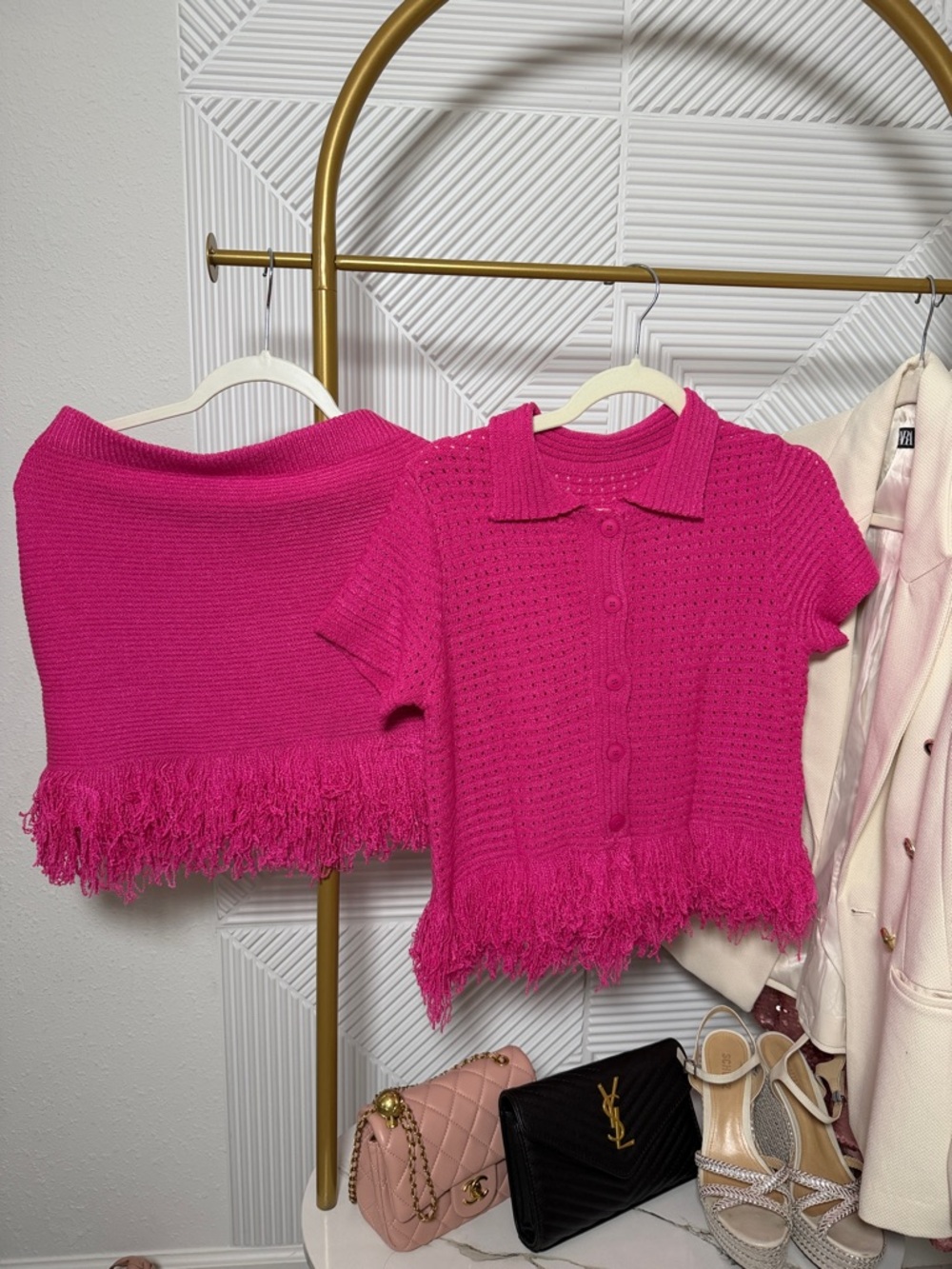 size S new Hot Pink Knit Fringe Two-Piece Set - Picture 6 of 7